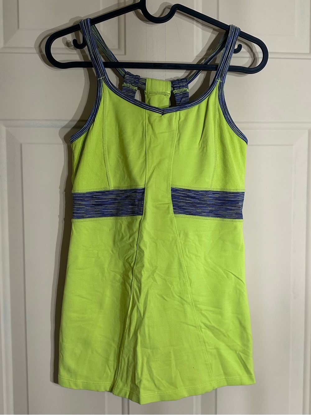 Athleta Neon Lime Green Tank with Blue-Striped Trim